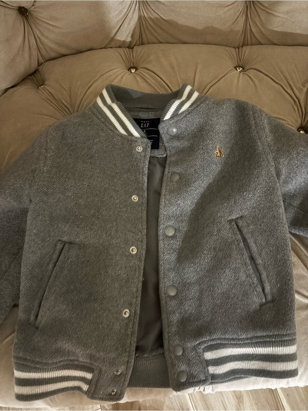 GAP Kids Gray Wool-Blend Varsity Bomber Jacket with Striped Trim
